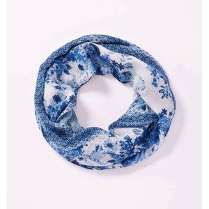 J Jill Infinity Scarf Blue White Woven Floral Print NEW 66 X 20 loop with Border